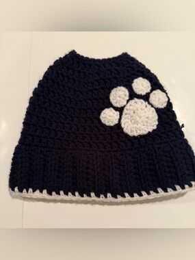 Navy Crocheted Beanie with White Paw Accent
